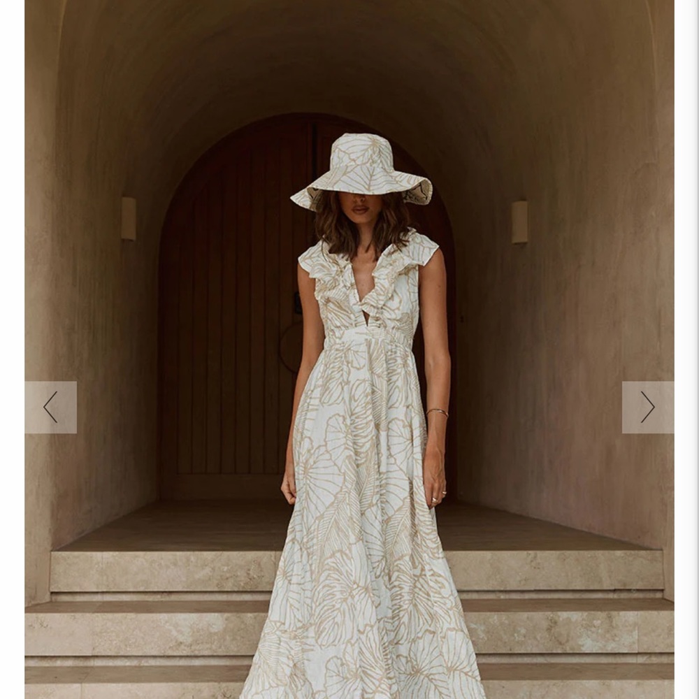 DISSH MALTA WHITE PALM LINEN FRILL DRESS NWT